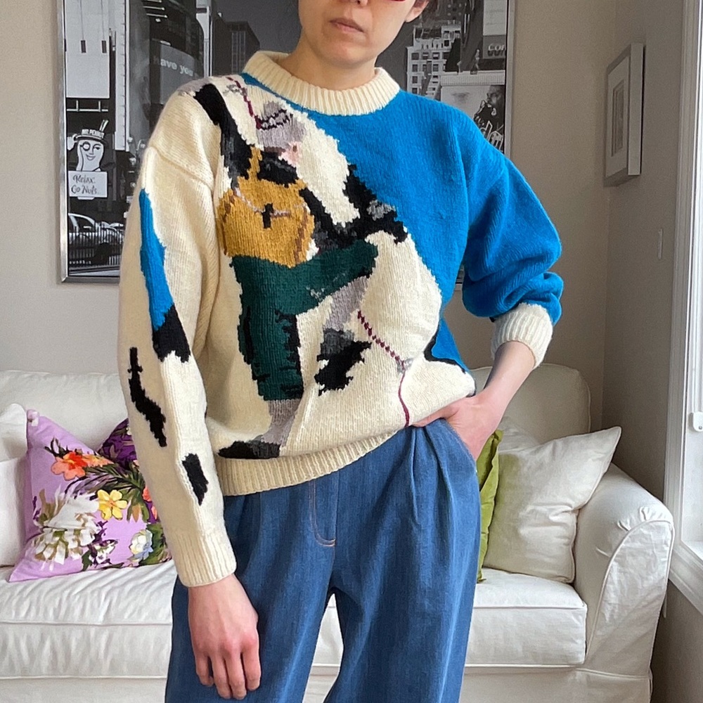 Vintage Wool Knit Mountain Climber Scene Sweater - sz M/L